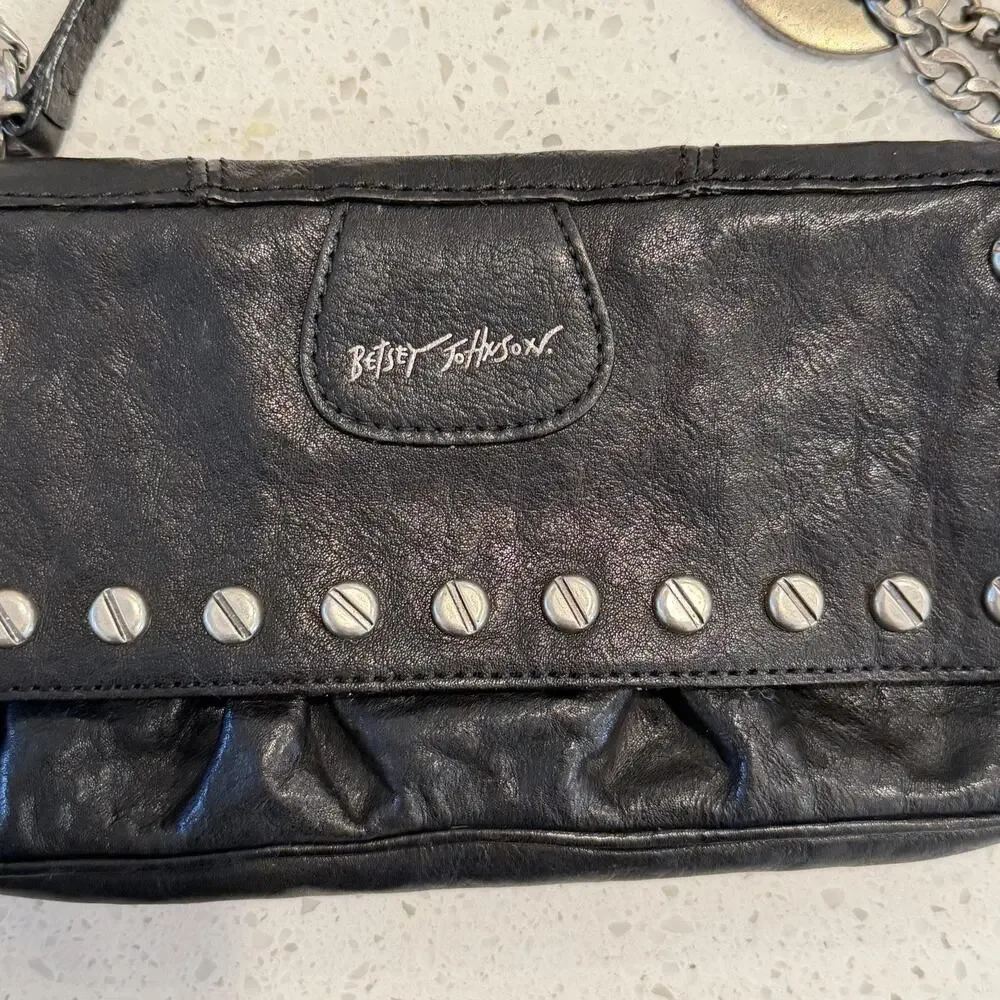 Vtg Betsey Johnson Shoulder Bag Small Black Studded Leather Chain Punk Rock Y2K